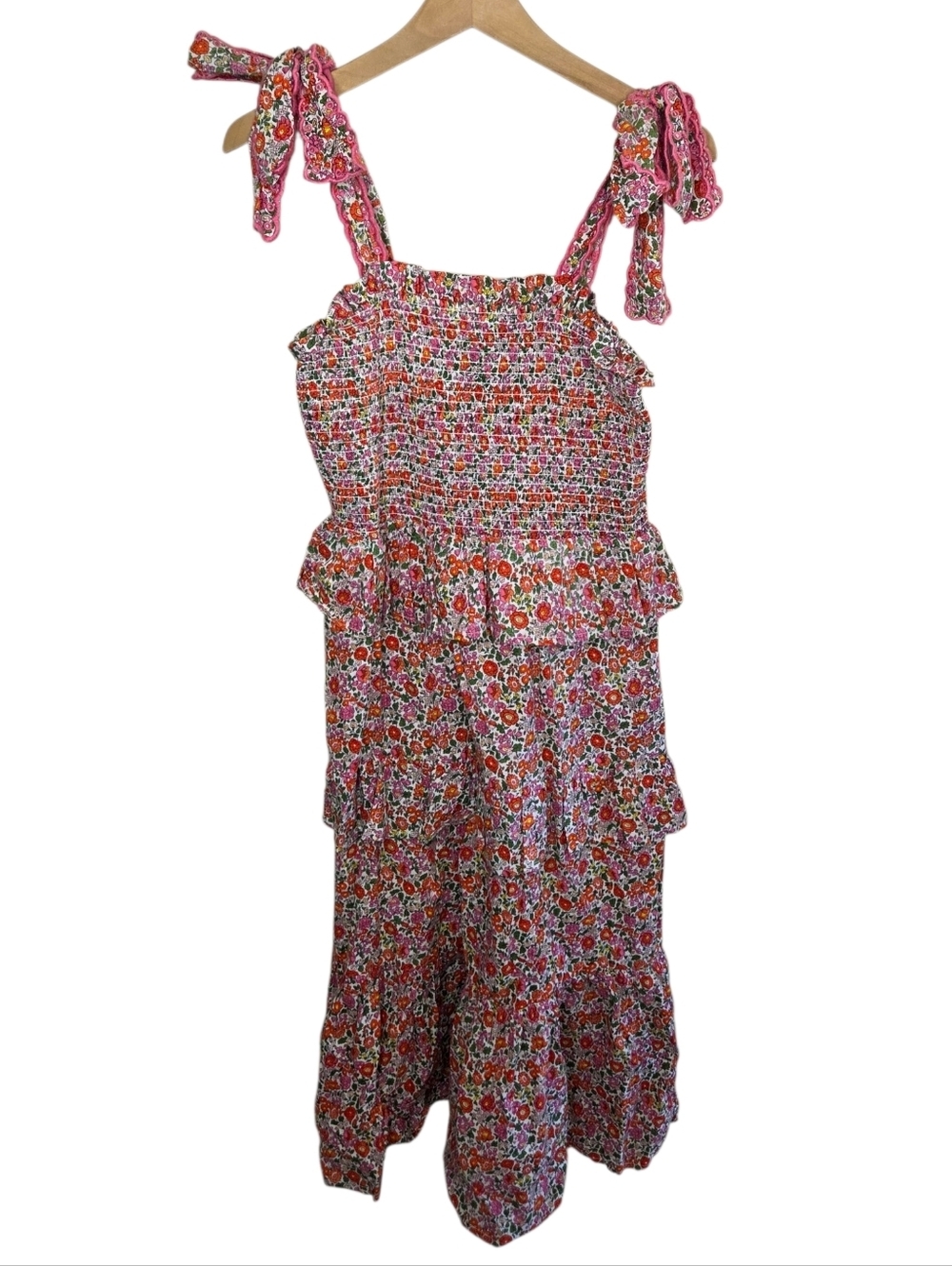 Elizabeth Wilson Pink Orange Green Small Floral Print Tie Sleeve Summer Dress
